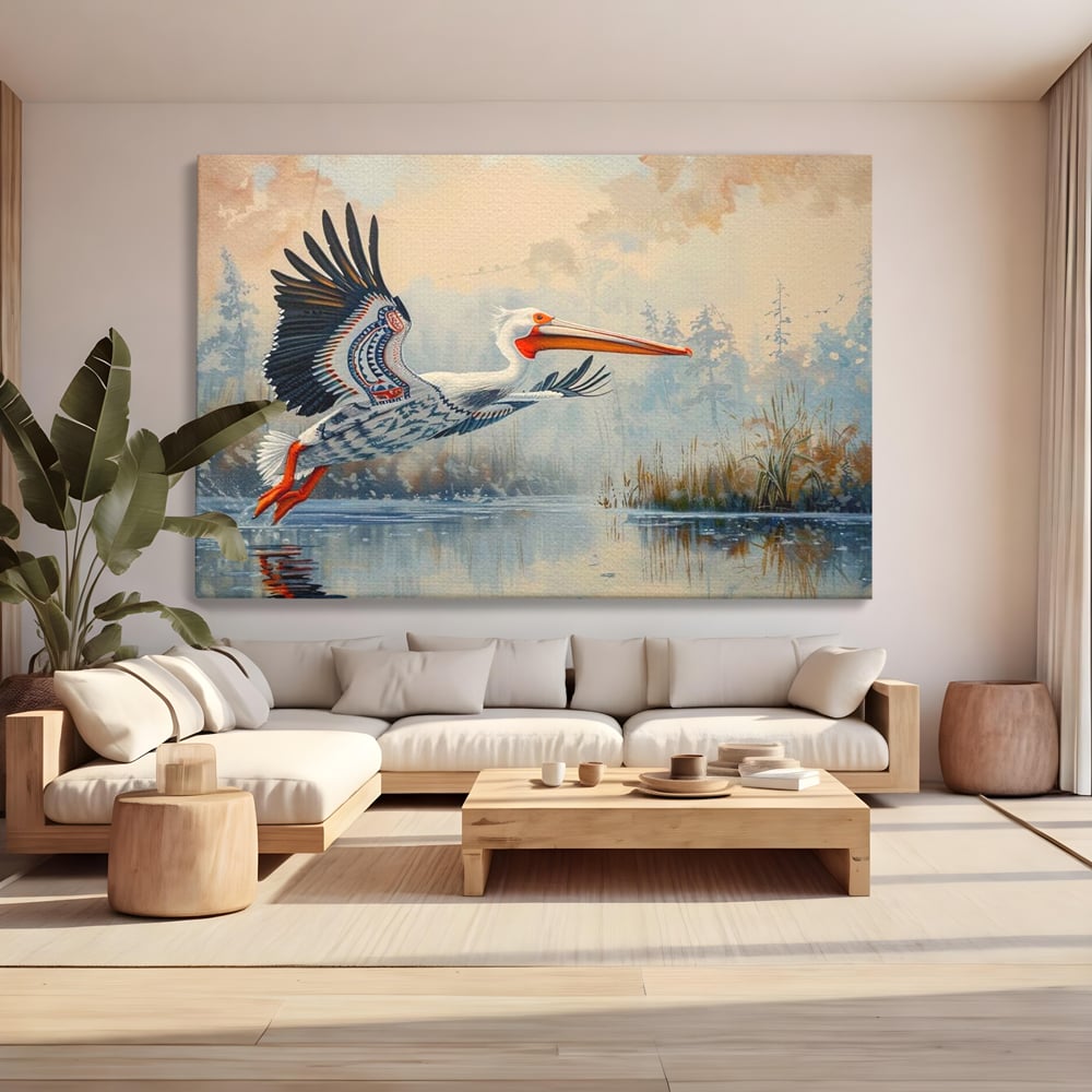 Tablou canvas cu tablou canvas cu pelican in zbor, fara rama, pe sasiu de lemn, pe perete intr-un living